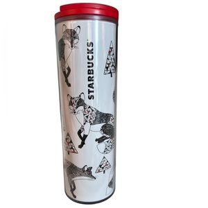 Starbucks 2017 Holiday Acrylic Tumbler with Geometric Trees and Foxes & Red Lid